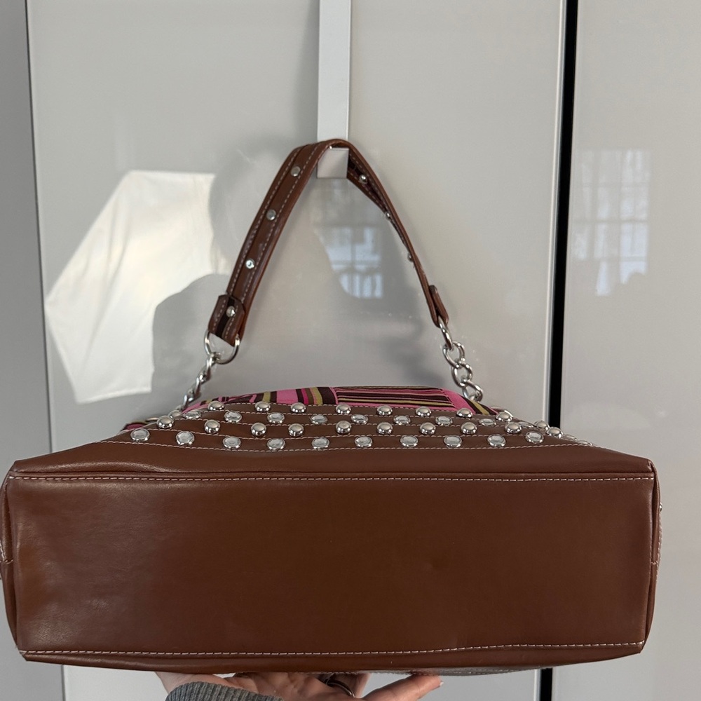 Pink Striped Vegan Leather Studded Bag Rhinestone Glam |Statement Purse Like New - Picture 9 of 17
